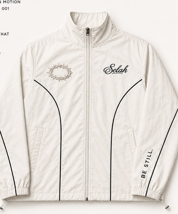 Stillness Track Jacket in bone — flat lay with crown of thorns and contrast piping