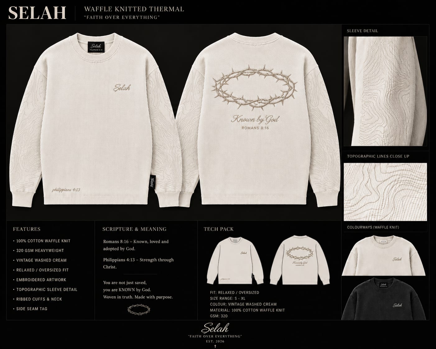 Waffle Knit Thermal design study — Known by God, Romans 8:16 across the back